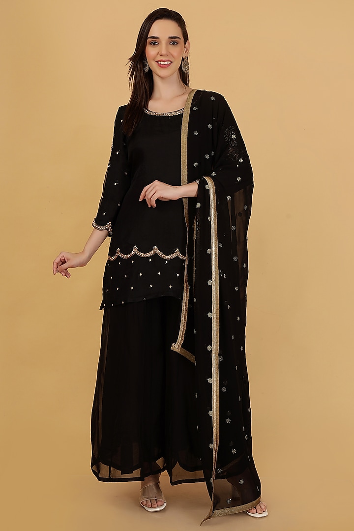 Black Organza Sharara Set by Milu Madan at Pernia's Pop Up Shop