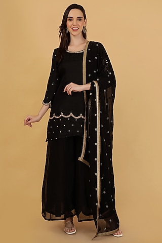 Black Organza Sharara Set by Milu Madan