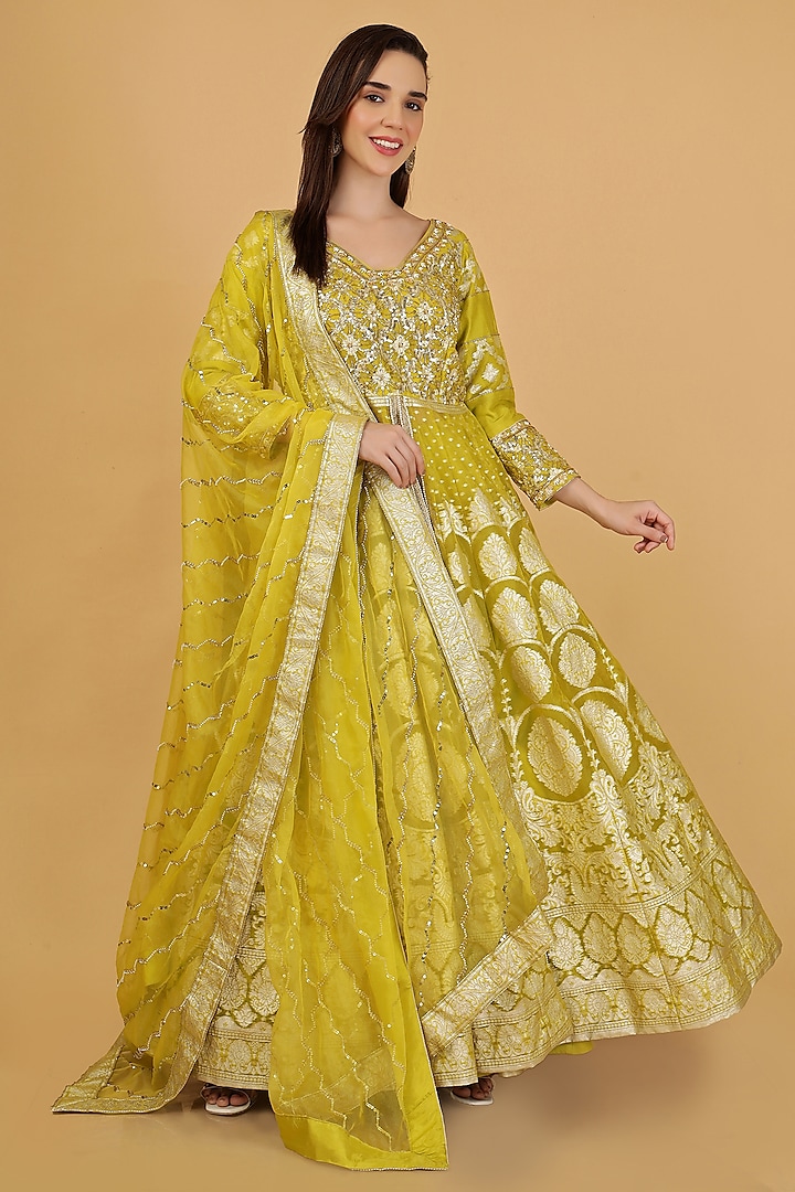 Lime Green Organza Brocade Sequins Embroidered Jacket  dulhan bday 22 may Lehenga Set by Milu Madan at Pernia's Pop Up Shop