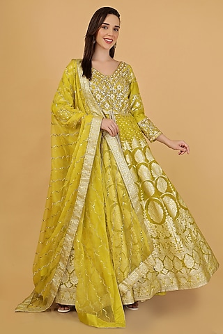 Lime Green Organza Brocade Sequins Embroidered Jacket Lehenga Set by Milu Madan
