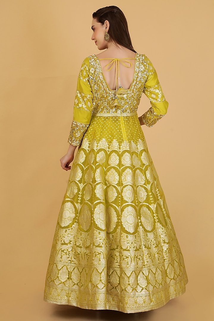 Lime Green Organza Brocade Sequins Embroidered Jacket Wedding Lehenga Set by Milu Madan at Pernia's Pop Up Shop