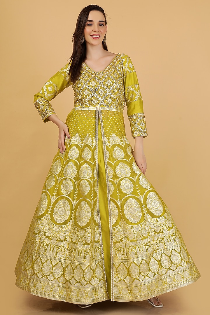 Lime Green Organza Brocade Sequins Embroidered Jacket Wedding Lehenga Set by Milu Madan at Pernia's Pop Up Shop