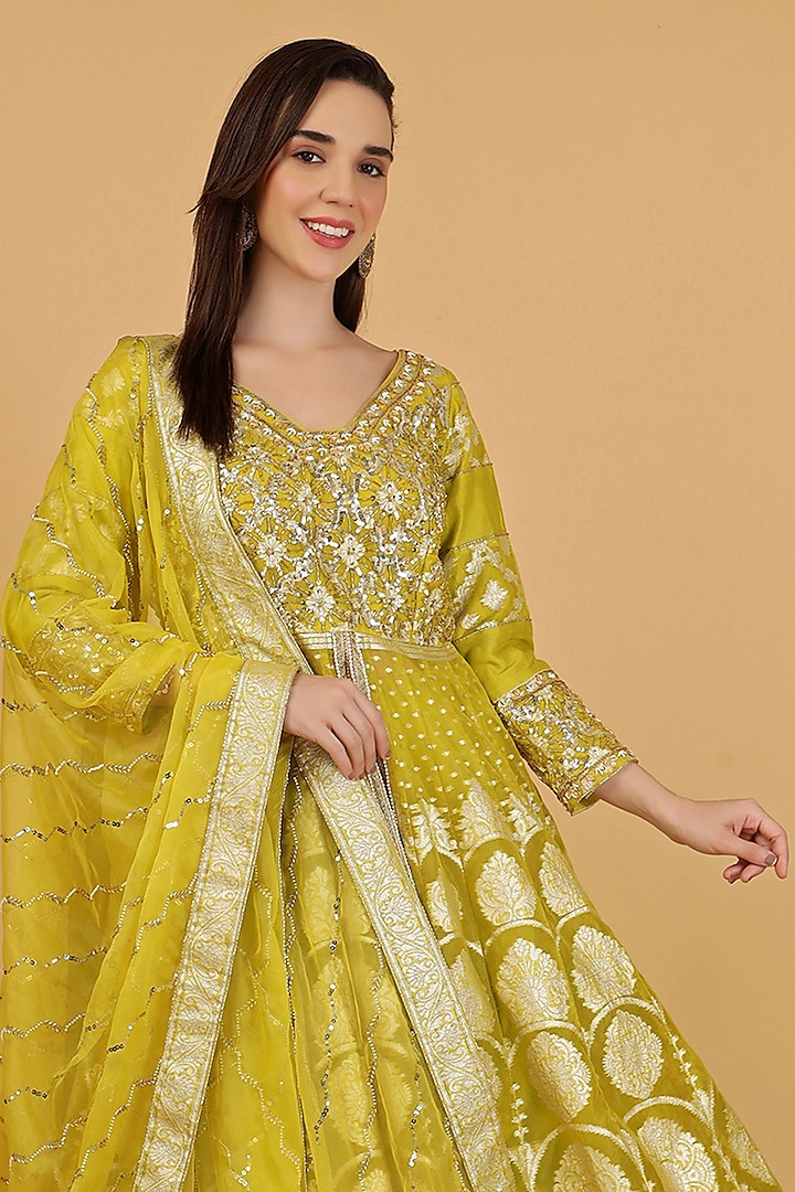 Lime Green Organza Brocade Sequins Embroidered Jacket Wedding Lehenga Set by Milu Madan at Pernia's Pop Up Shop