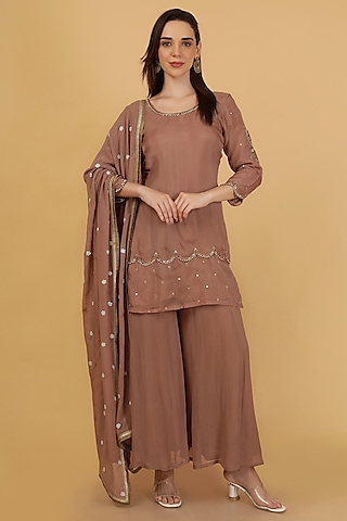 Mocha Brown Organza Sharara Set by Milu Madan