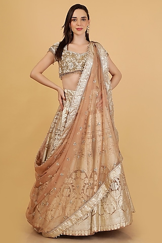Mocha Brown Organza Brocade Cutdana Work Lehenga Set by Milu Madan
