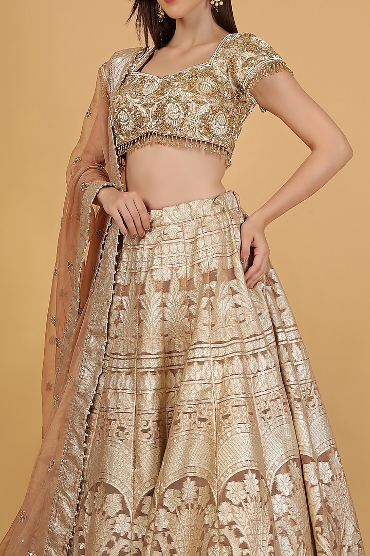 Mocha Brown Organza Brocade Cutdana Work Wedding Lehenga Set by Milu Madan at Pernia's Pop Up Shop