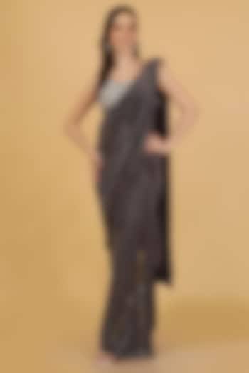 Dark Grey Crepe Embroidered Draped Party Wear Saree Set by Milu Madan at Pernia's Pop Up Shop