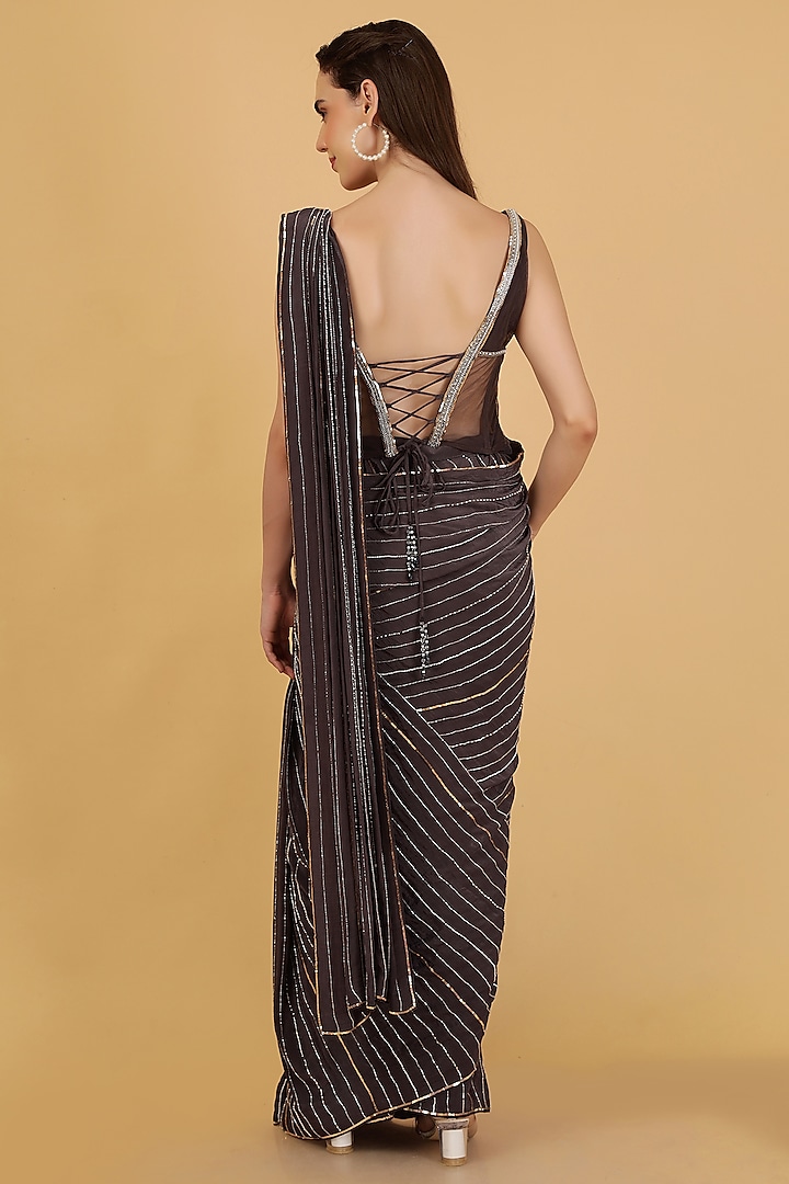 Dark Grey Crepe Embroidered Draped Party Wear Saree Set by Milu Madan at Pernia's Pop Up Shop