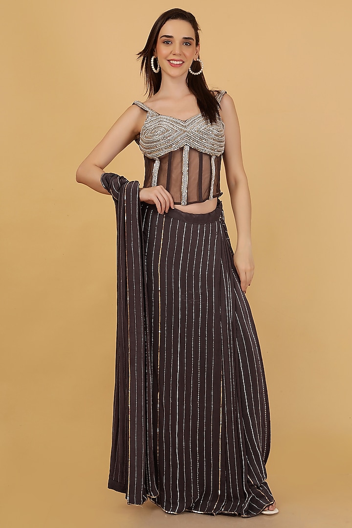 Dark Grey Crepe Embroidered Draped Party Wear Saree Set by Milu Madan at Pernia's Pop Up Shop