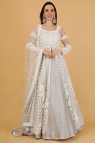 White Net & Georgette Cutdana Embroidered Jacket Lehenga Set by Milu Madan