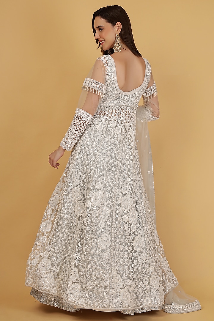 White Net & Georgette Cutdana Embroidered Jacket Wedding Lehenga Set by Milu Madan at Pernia's Pop Up Shop