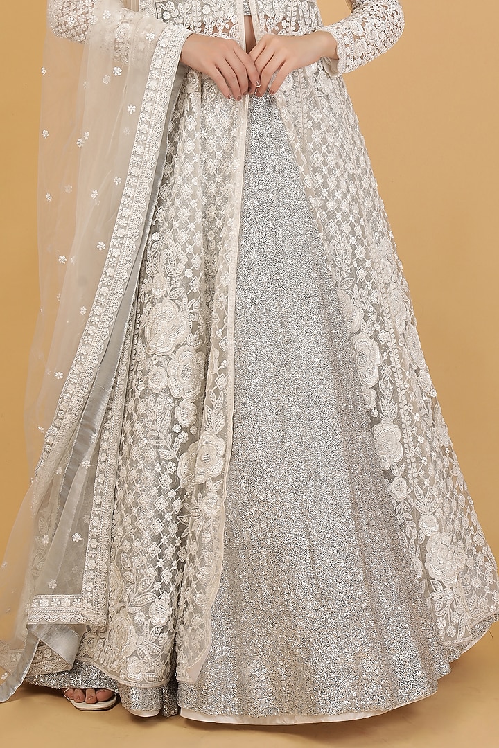 White Net & Georgette Cutdana Embroidered Jacket Wedding Lehenga Set by Milu Madan at Pernia's Pop Up Shop