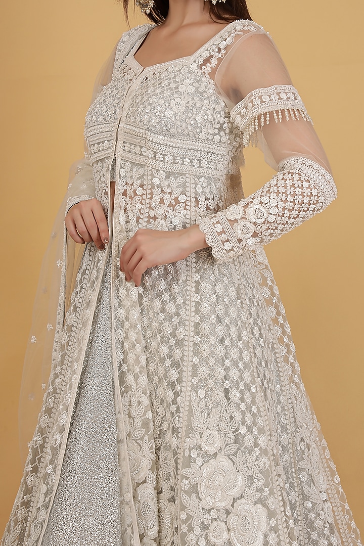 White Net & Georgette Cutdana Embroidered Jacket Wedding Lehenga Set by Milu Madan at Pernia's Pop Up Shop