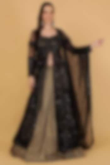 Black Net & Georgette Cutdana Embroidered Jacket  dulhan bday 22 may Lehenga Set by Milu Madan at Pernia's Pop Up Shop