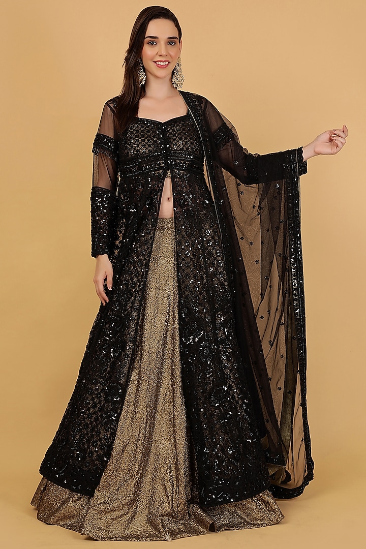 Black Net & Georgette Cutdana Embroidered Jacket  dulhan bday 22 may Lehenga Set by Milu Madan at Pernia's Pop Up Shop