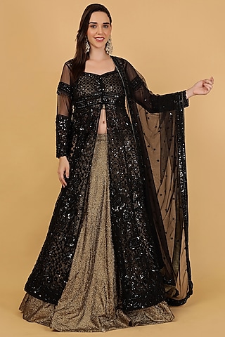 Black Net & Georgette Cutdana Embroidered Jacket Lehenga Set by Milu Madan