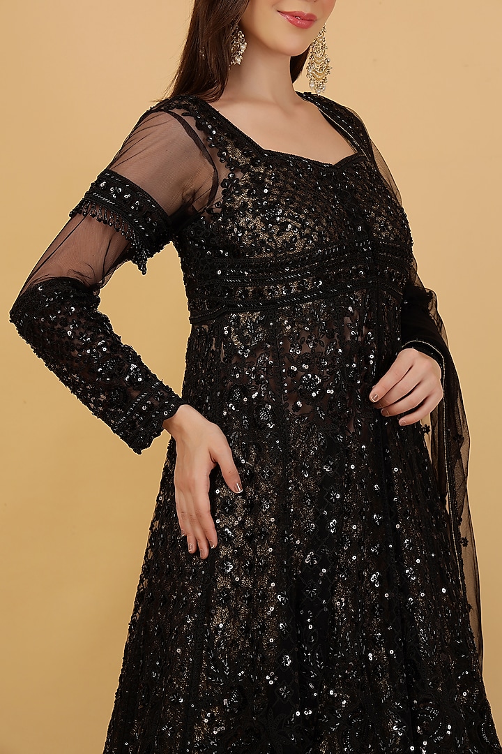 Black Net & Georgette Cutdana Embroidered Jacket Wedding Lehenga Set by Milu Madan at Pernia's Pop Up Shop