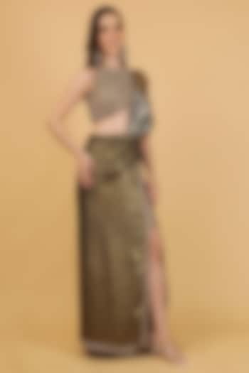Gold Imported Foil Crepe Draped Skirt Set by Milu Madan at Pernia's Pop Up Shop