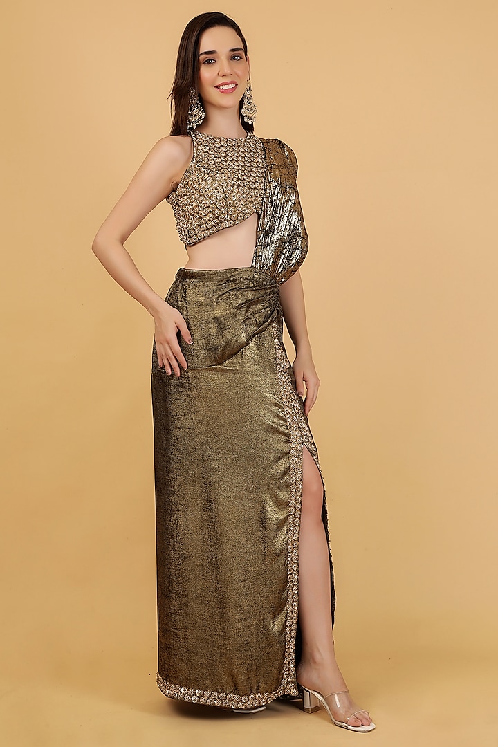 Gold Imported Foil Crepe Draped Skirt Set by Milu Madan at Pernia's Pop Up Shop