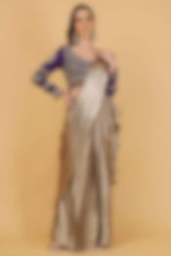 Purple Imported Satin Silk Draped Wedding Saree Set by Milu Madan at Pernia's Pop Up Shop