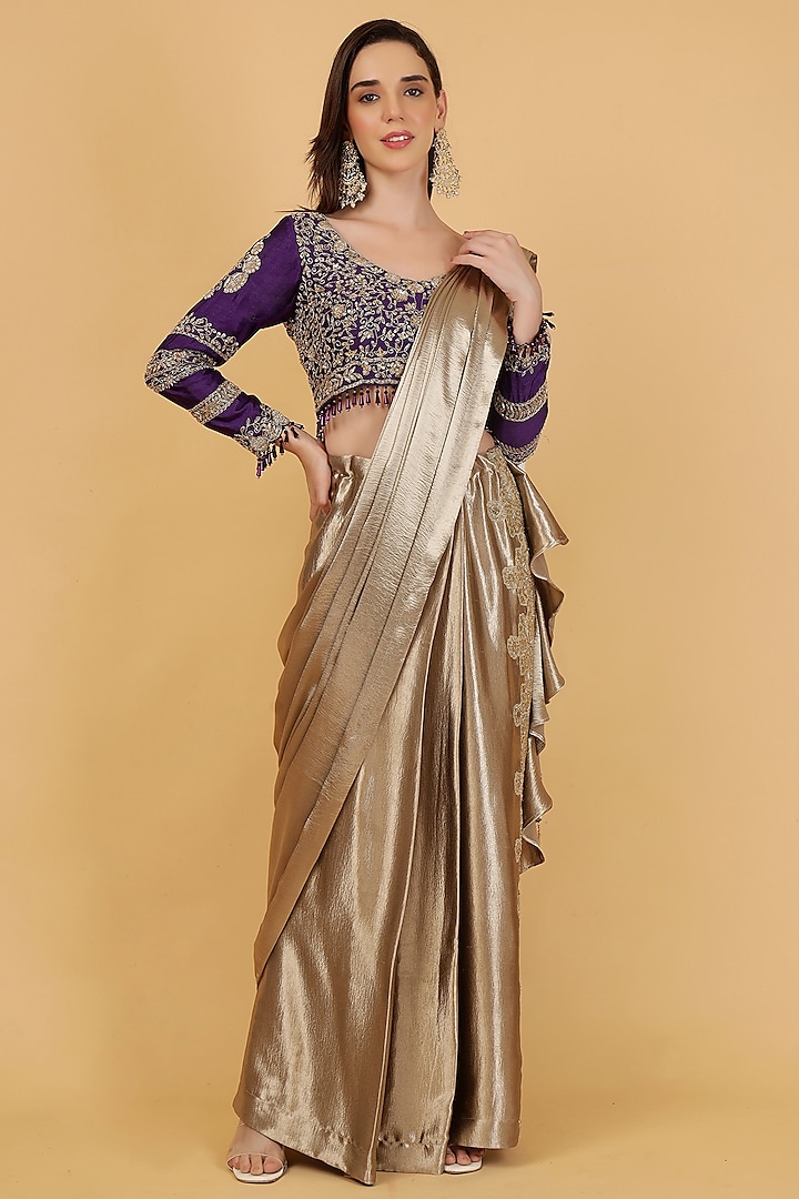 Purple Imported Satin Silk Draped Wedding Saree Set by Milu Madan at Pernia's Pop Up Shop