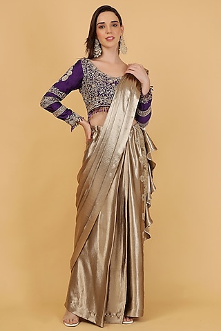 Gold Imported Satin Silk Draped Saree Set by Milu Madan