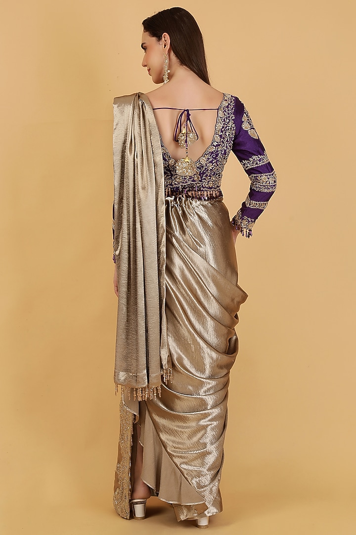 Gold Imported Satin Silk Draped Wedding Saree Set by Milu Madan at Pernia's Pop Up Shop