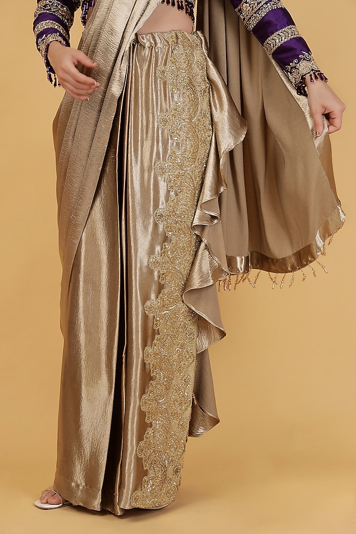 Gold Imported Satin Silk Draped Wedding Saree Set by Milu Madan at Pernia's Pop Up Shop
