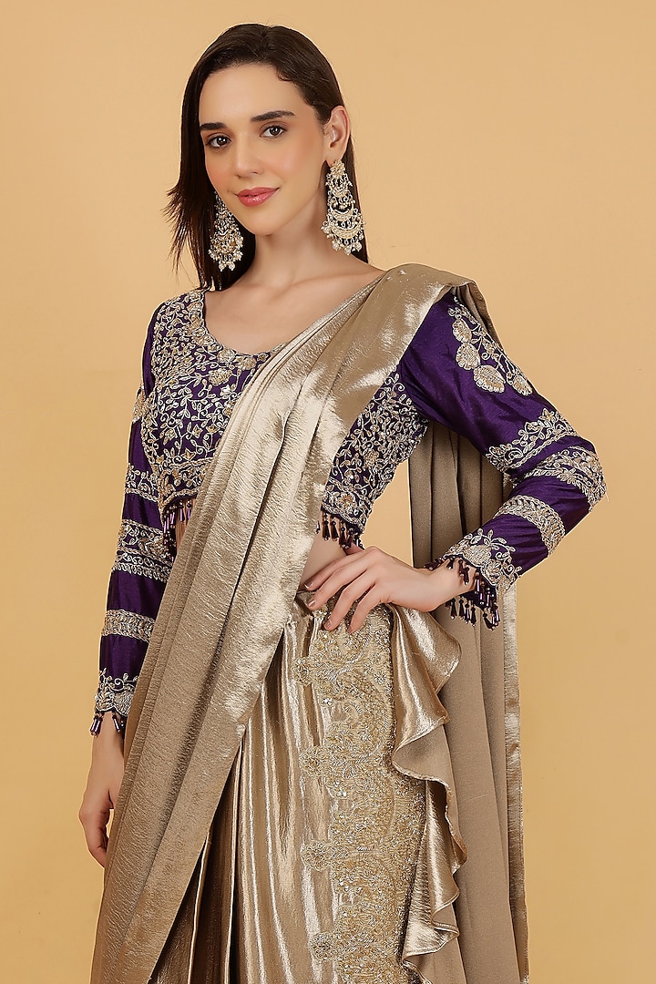 Gold Imported Satin Silk Draped Wedding Saree Set by Milu Madan at Pernia's Pop Up Shop