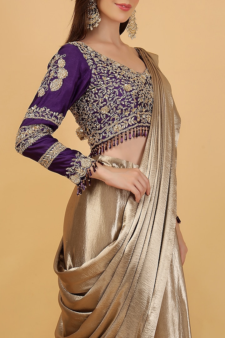 Gold Imported Satin Silk Draped Wedding Saree Set by Milu Madan at Pernia's Pop Up Shop