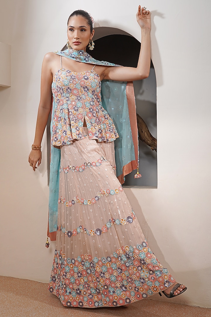 Light Fawn Georgette Cutdana Embroidered Wedding Sharara Set by Milu Madan at Pernia's Pop Up Shop