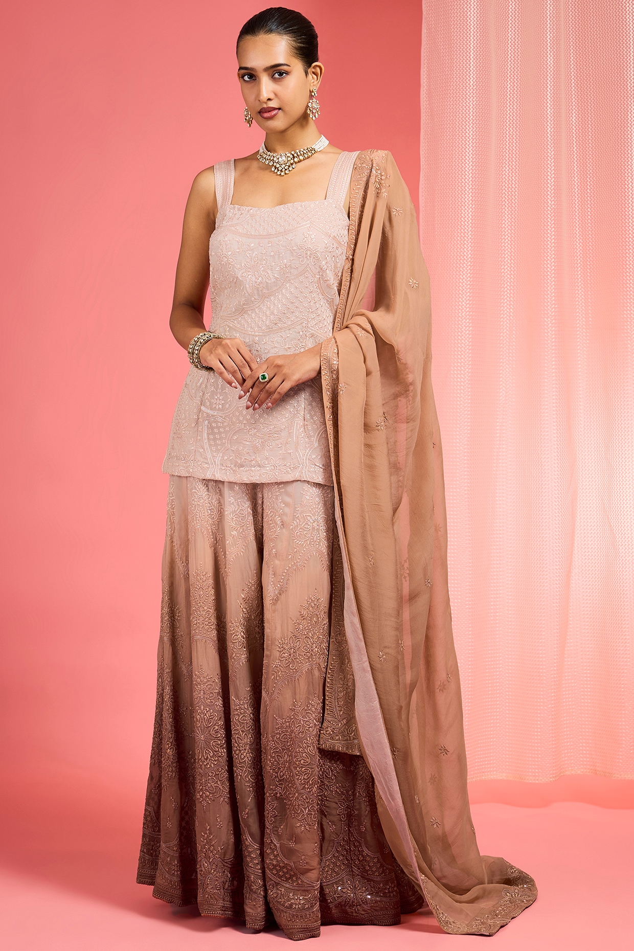 Milu Madan Brown Ombre Organza Resham Embroidered Sharara Set