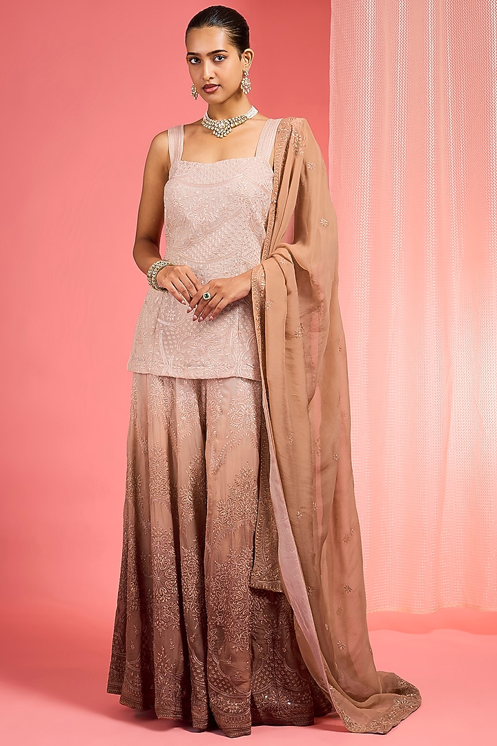 Brown Ombre Organza Resham Embroidered Wedding Sharara Set by Milu Madan at Pernia's Pop Up Shop
