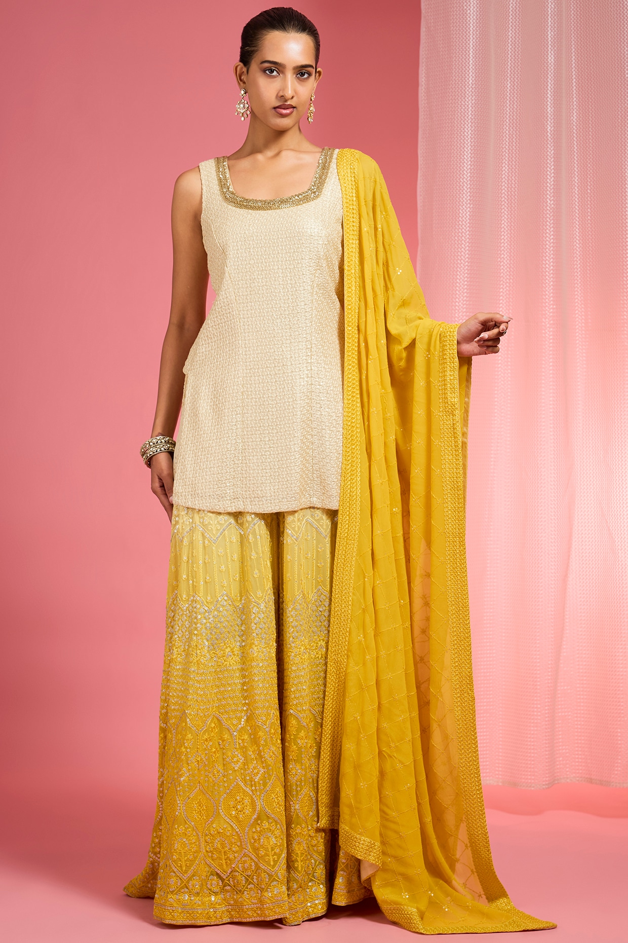 Milu Madan Dark Yellow Ombre Organza Resham Embroidered Sharara Set