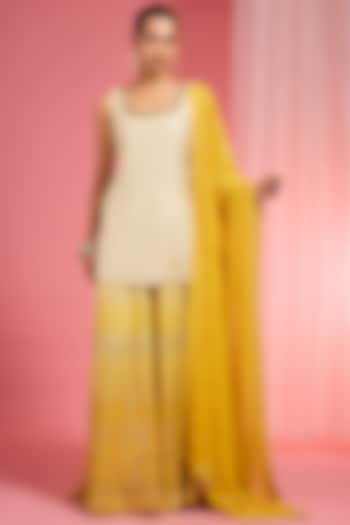 Dark Yellow Ombre Organza Resham Embroidered Wedding Sharara Set by Milu Madan at Pernia's Pop Up Shop