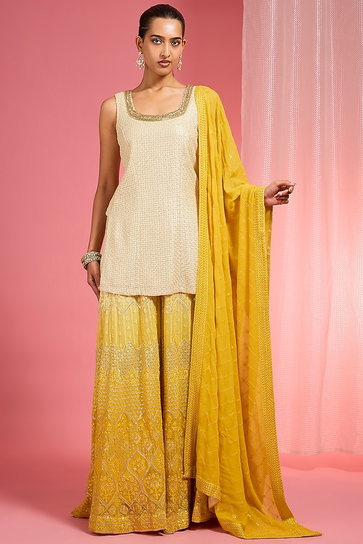 Dark Yellow Ombre Organza Resham Embroidered Wedding Sharara Set by Milu Madan at Pernia's Pop Up Shop