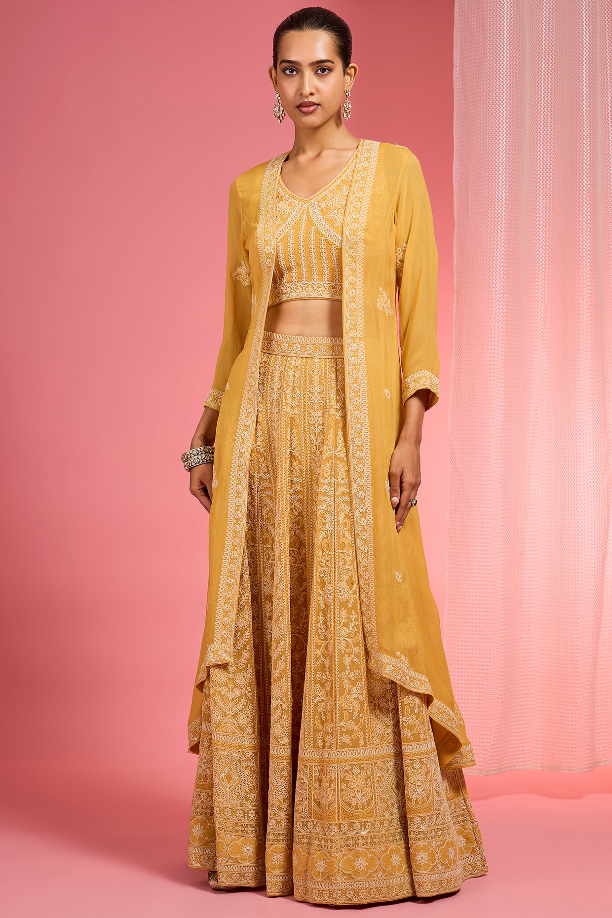 Milu Madan Mustard Yellow Georgette Resham Embroidered Lehenga Set
