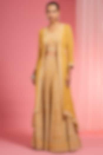 Mustard Yellow Georgette Resham Embroidered Wedding Lehenga Set by Milu Madan at Pernia's Pop Up Shop