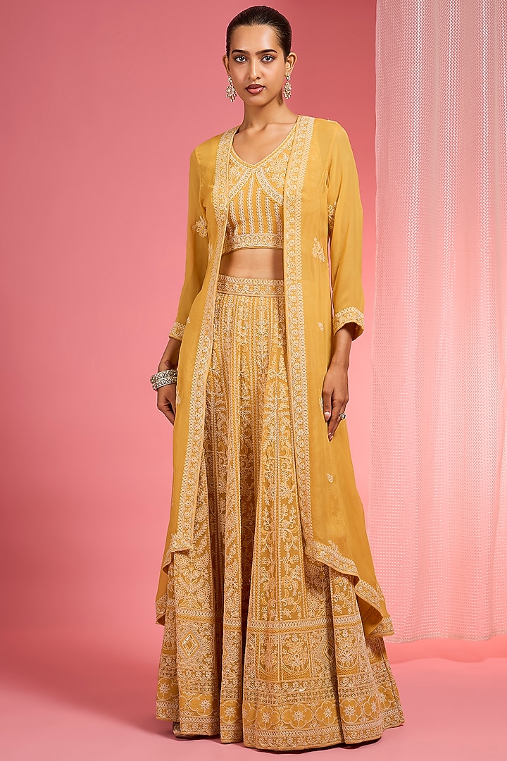 Mustard Yellow Georgette Resham Embroidered Wedding Lehenga Set by Milu Madan at Pernia's Pop Up Shop