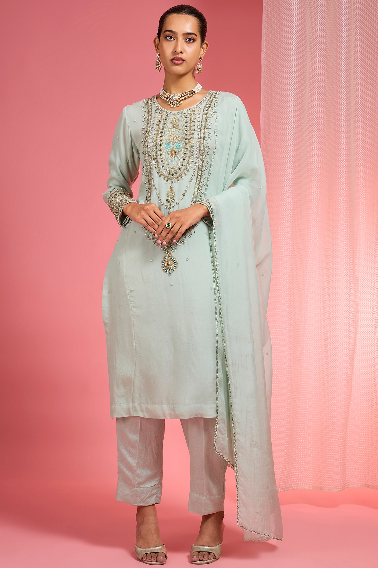 Milu Madan Sea Green Organza Hand Embroidered Kurta Set