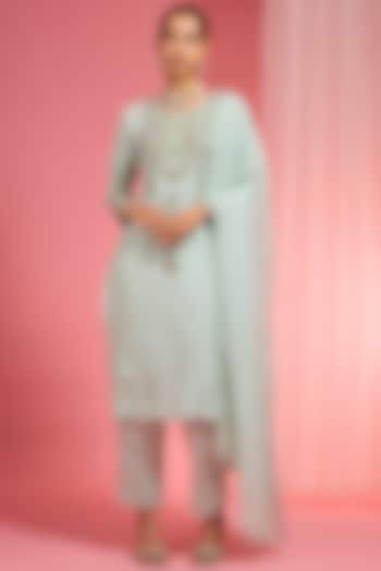 Sea Green Organza Hand Embroidered Kurta Set by Milu Madan at Pernia's Pop Up Shop