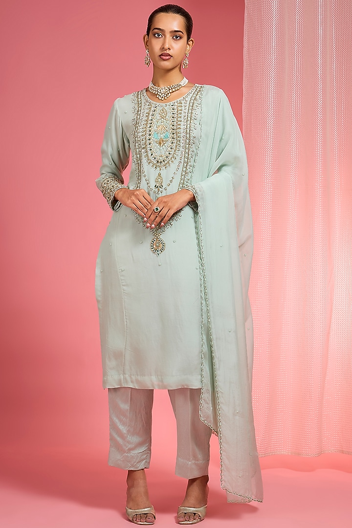 Sea Green Organza Hand Embroidered Kurta Set by Milu Madan at Pernia's Pop Up Shop