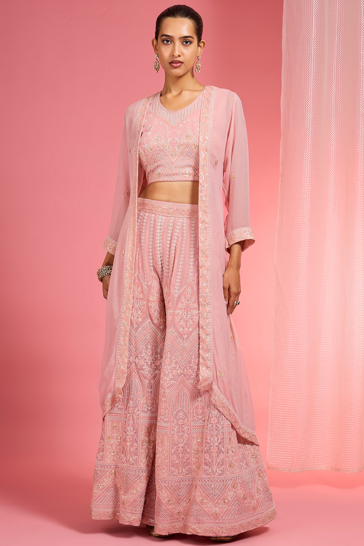 Milu Madan Light Pink Georgette Resham Embroidered Sharara Set