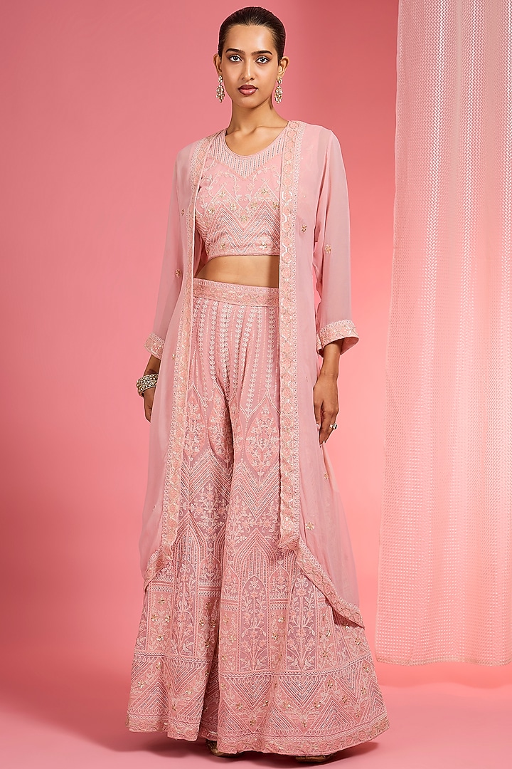 Light Pink Georgette Resham Embroidered Wedding Sharara Set by Milu Madan at Pernia's Pop Up Shop