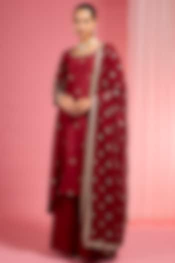 Reddish Maroon Viscose Dupion Silk Party Wear Sharara Set by Milu Madan at Pernia's Pop Up Shop