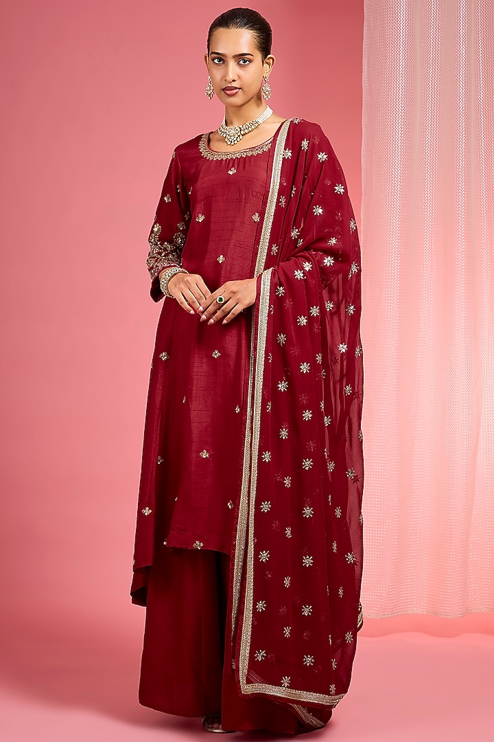 Reddish Maroon Viscose Dupion Silk Party Wear Sharara Set by Milu Madan at Pernia's Pop Up Shop
