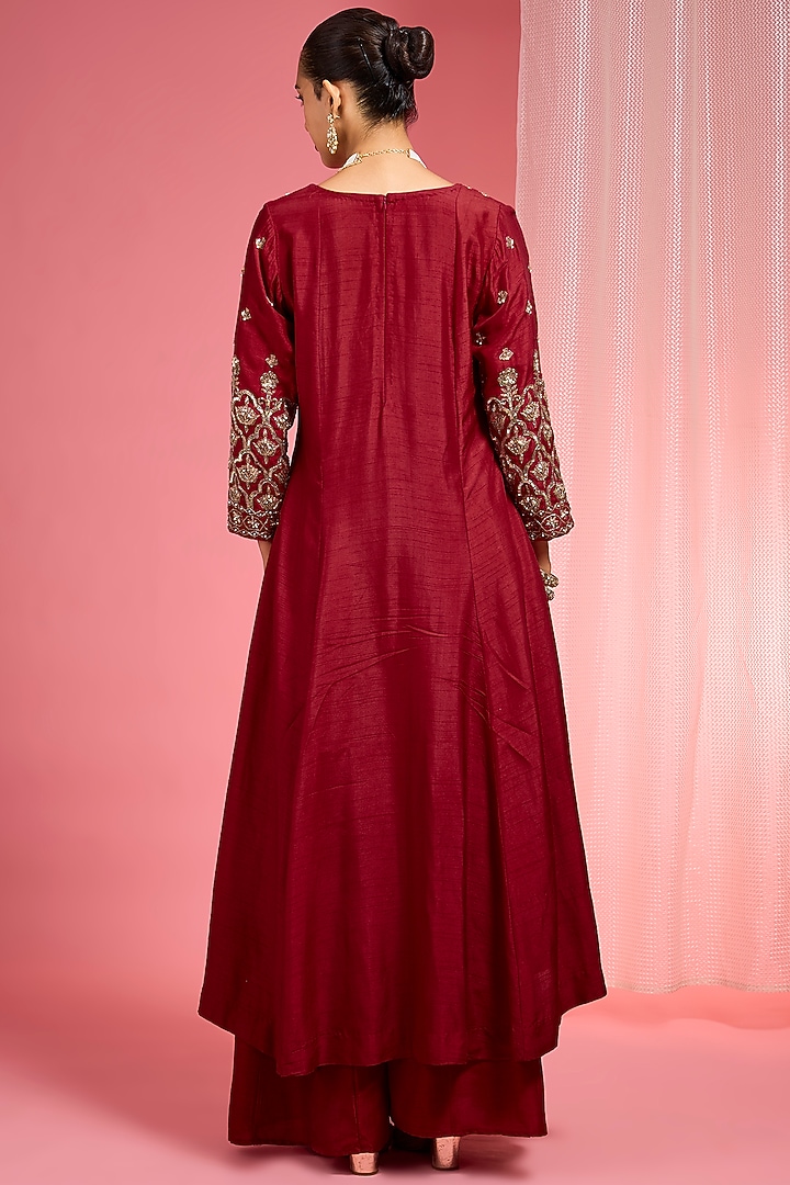 Reddish Maroon Viscose Dupion Silk Party Wear Sharara Set by Milu Madan at Pernia's Pop Up Shop