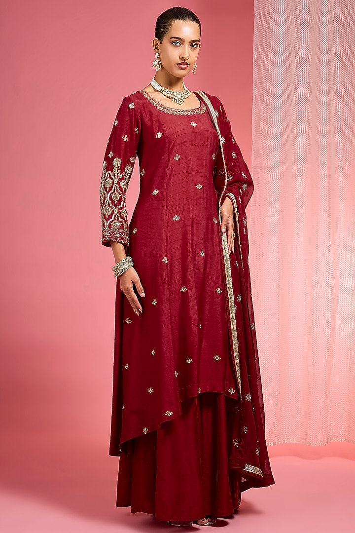 Reddish Maroon Viscose Dupion Silk Party Wear Sharara Set by Milu Madan at Pernia's Pop Up Shop