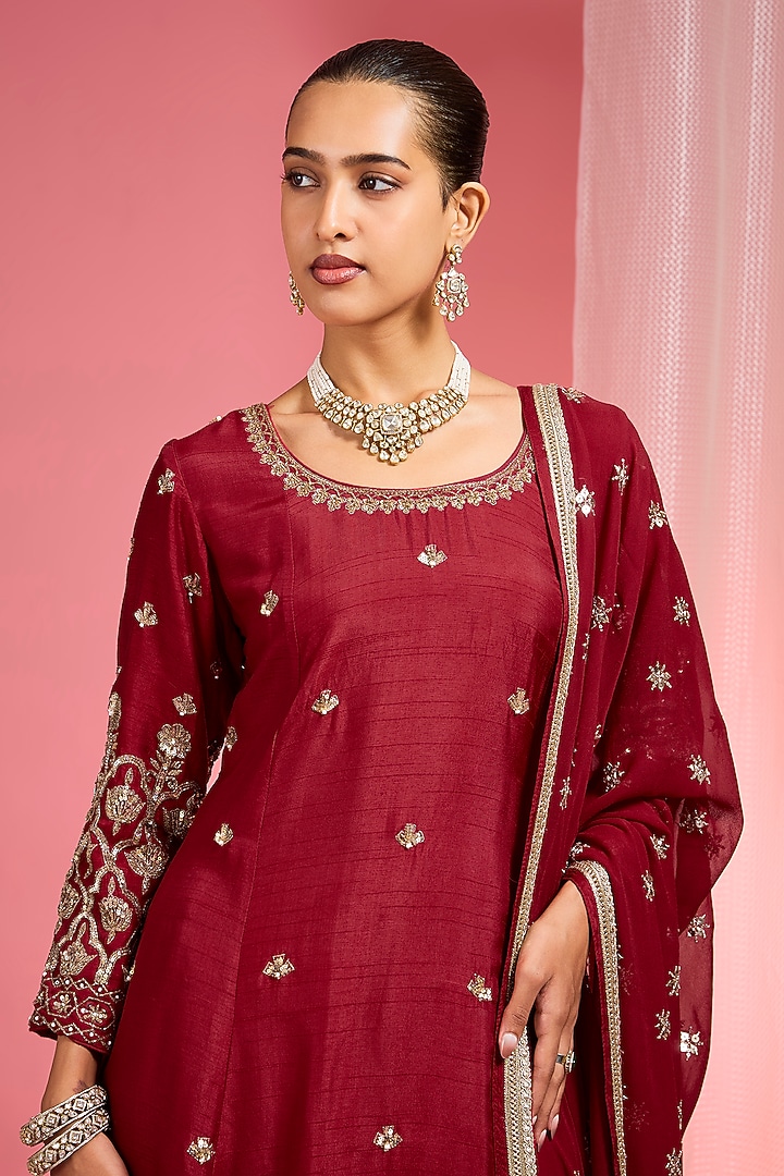 Reddish Maroon Viscose Dupion Silk Party Wear Sharara Set by Milu Madan at Pernia's Pop Up Shop