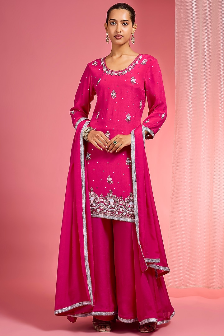 Hot Pink Viscose Chinon Chiffon Party Wear Sharara Set by Milu Madan at Pernia's Pop Up Shop